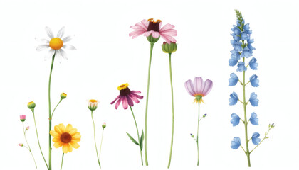 Set of Beautiful Wildflowers Isolated on White Background, Drawn in Watercolor - Chamomiles, Cornflowers, Bells, and Rapeseed Flowers
