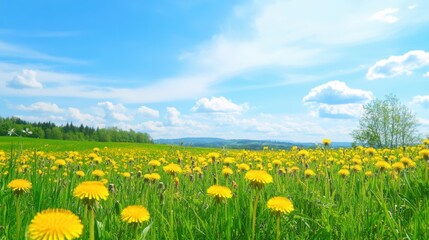 Fototapeta premium Serene Field Filled with Dandelions Against a Stunning Blue Sky Backdrop