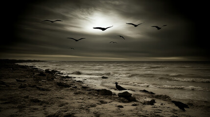 serene beach scene with dark clouds and birds flying
