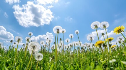 Obraz premium Serene Field Filled with Dandelions Against a Stunning Blue Sky Backdrop