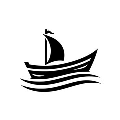 Stylized Black Silhouette of a Sailboat on Waves, Minimalist Design for Maritime or Nautical Themes