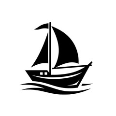 Silhouette of a stylized sailboat with a single mast and two sails, afloat on abstracted waves, depicted in bold black against a white background.