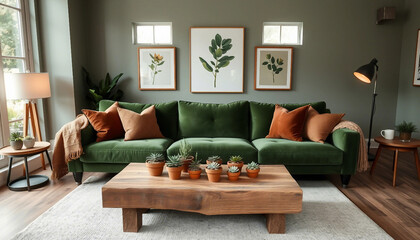 Fototapeta premium Interior design featuring a green velvet sectional sofa with cozy throw pillows, a wooden coffee table, indoor plants, and decorative wall art, creating a warm and stylish relaxation space.