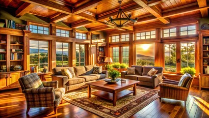 American Craftsman Home Interior: Sunlit Living Room with Exposed Beams & Warm Wood Accents