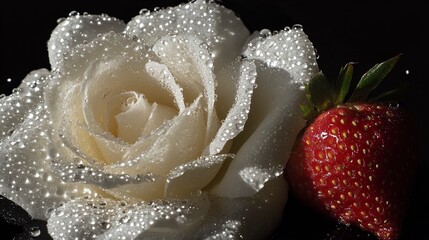 Fototapeta premium Dew-Kissed White Rose and Ripe Strawberry