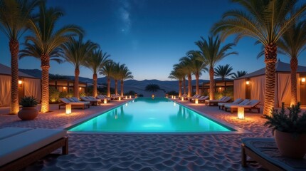 Luxury resort poolside oasis at night with glowing lights and palm trees in serene atmosphere