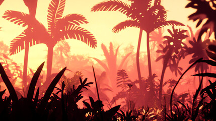 vibrant sunset over tropical landscape with silhouettes of palm