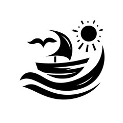 A stylized black and white nautical emblem featuring a sailboat on waves, a sun, and a soaring seagull, conveying themes of adventure and travel.