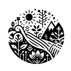 A stylized black and white circular illustration showcasing a serene natural landscape filled with flora, mountains, and a beaming sun.