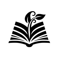 Black and white illustration of an open book with leaves and a sprout emerging, set against a white circular background.