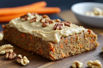 Delicious Carrot Cake Slice with Cream Cheese Frosting and Walnuts