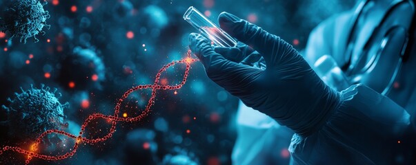 scientist holding medical testing tubes or vials of medical pharmaceutical research with blood cells and virus cure using DNA genome sequencing biotechnology as wide banner