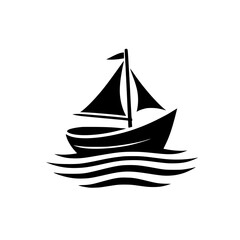 A stylized, black and white illustration of a sailboat gracefully gliding on stylized waves, evoking a sense of nautical charm.