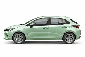 Side View of Beautiful Light Green Hatchback Car Isolated on White Background with Clipping Path
