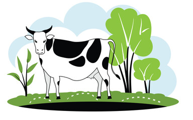 A cow in a pasture, grazing on the grass. Village Dairy Farm