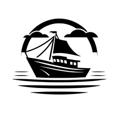 A monochromatic vector illustration of a boat sailing on wavy lines, framed by a semicircle depicting clouds and a partial rainbow.