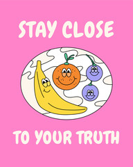 Cartoon retro poster illustration banana, orange, grape fruit with massage