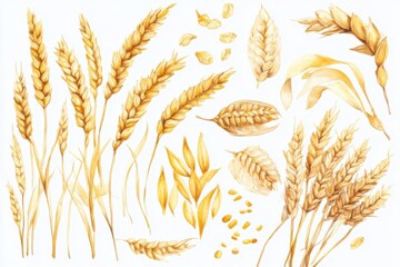 Wheat Watercolor Illustration Collection with Ears and Grains for Food Design