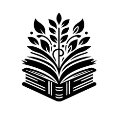 A stylized, black-and-white emblem, depicting an open book with leaves and branches sprouting from its pages, symbolizing knowledge growth and learning.