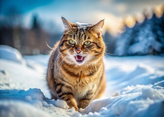 Angry Street Cat Hissing in Snowy Winter Panoramic