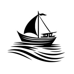 Minimalist black silhouette of a sailboat with a billowing sail gliding across stylized water waves, on a plain white background.