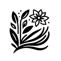 A stylized, minimalist black-and-white illustration of a blossoming flower with foliage, creating a balanced and symmetrical nature design.