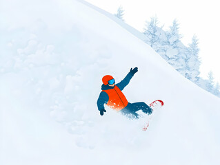 Pixelated Illustration of a Snowboarder Falling Downhill in Snowy Landscape with Orange Outfit