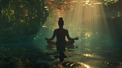 Obraz premium A girl in a meditative pose underwater. Girl meditating in lolot pose underwater. Water yoga. 