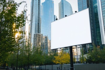 Detailed Image of Advertising Screen Mockup with Modern City Buildings in the Background
