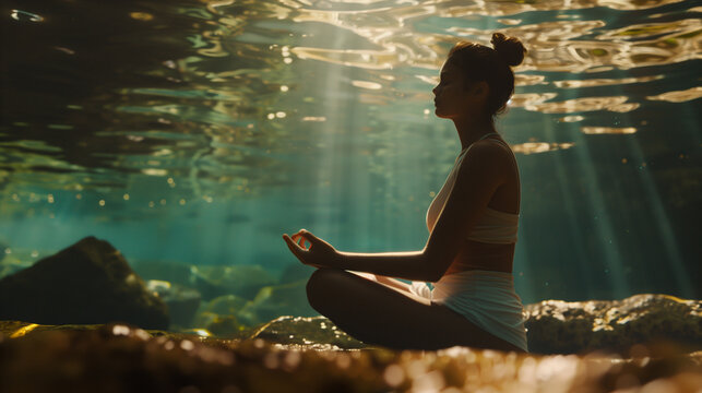 A girl in a meditative pose underwater. Girl meditating in lolot pose underwater. Water yoga. 