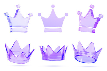 3d glass holographic transparent king crowns set. Purple gradient crystal royal headdress, ancient symbol of monarchy power, medieval kingdom treasure, luxury noble render accessory. 3D illustration