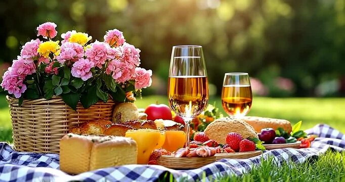 Sunny picnic scene with wine, bread, fruit, and flowers.