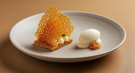 Artistic dessert with caramel tuile and ice cream quenelles on beige plate for fine dining photography, gourmet restaurant menus, and upscale catering websites