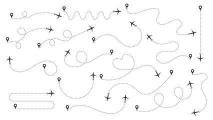 Set of Airplane Routes with Dashed Line Traces, Map Pins & Travel Path Vector Design