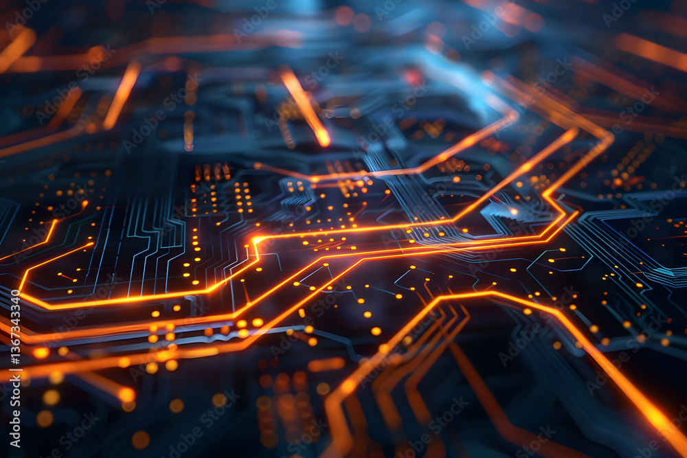 Poster High-resolution image depicting a glowing, high-tech circuit board with intricate pathways