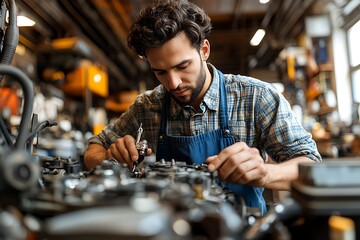 Mechanic repairing engine in workshop.