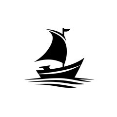 A minimalist black and white illustration of a sailboat sailing on stylized water, perfect for nautical themes.