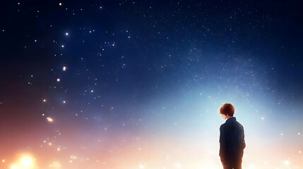 Obraz premium Pixelated Silhouette of a Man Gazing at the Starry Night Sky A Digital Art Illustration