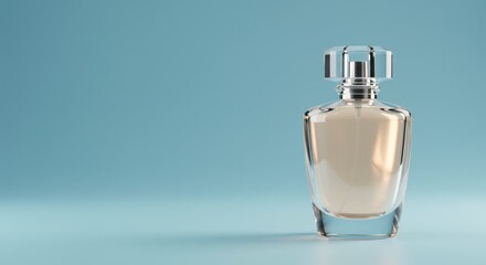 Elegant Perfume Bottle with Faceted Cap on Blue Background Advertisement