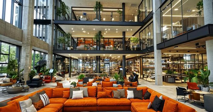 Modern orange sectional sofa in a spacious, multi-level building lobby with plants and large windows.