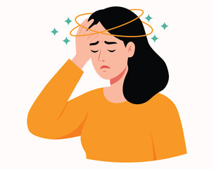 Sick woman having dizzy symptom in Female . Dizziness illness. illustration.