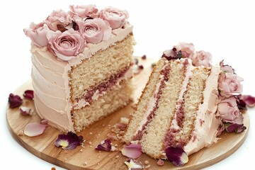Elegant layered cake with pink roses.