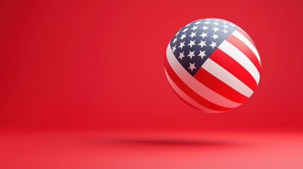vibrant red background features floating ball adorned with patriotic design, showcasing stars and stripes, evoking sense