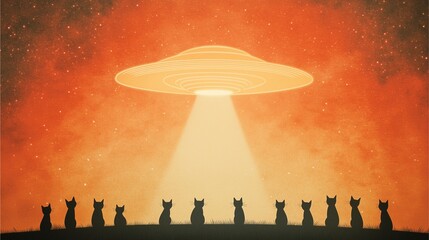 A group of cats gather in a quiet field, staring up as a massive UFO emerges from behind a glowing red nebula, sci-fi mystery and wonder