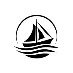 A Minimalist Black and White Sailboat Illustration, Depicting a Yacht on Waves, Enclosed Within a Circular Frame, Conveying a Sense of Tranquility and Adventure.