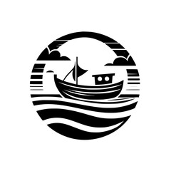 A stylized black and white illustration depicting a boat sailing on wavy seas beneath stylized clouds within a circular frame, evoking nautical imagery.