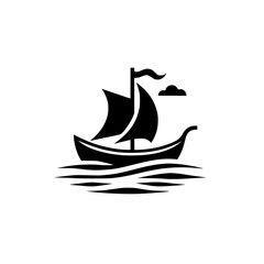 A stylized black and white illustration of a sailboat on water, featuring a single cloud and flag, evokes a sense of simplicity.