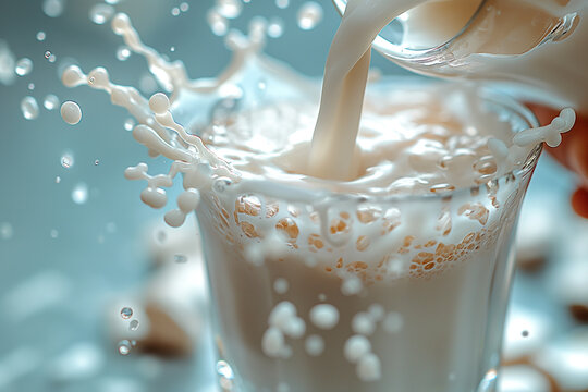 A close-up shot of milk being poured into a glass, creating dynamic splashes with a soft blue background.