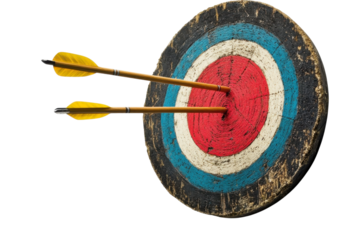 Two colorful arrows hit the center of a rustic archery target, showing skill and precision isolated on transparent background
