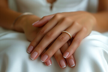 Elegant female hands showcasing a stunning gold ring with diamonds against a soft, white satin background.
